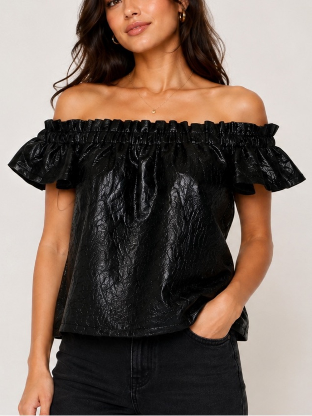 ASOS Black Off-Shoulder Ruffle Faux-Leather Top